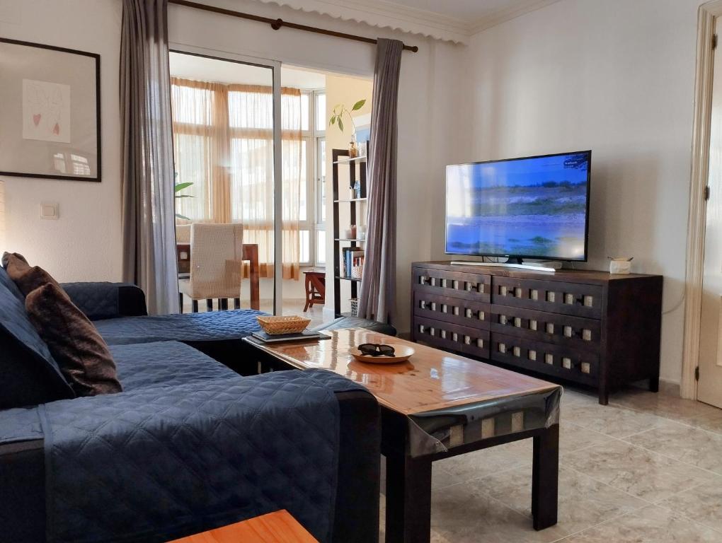 a living room with a blue couch and a tv at Apartment Marbella Centro in Marbella