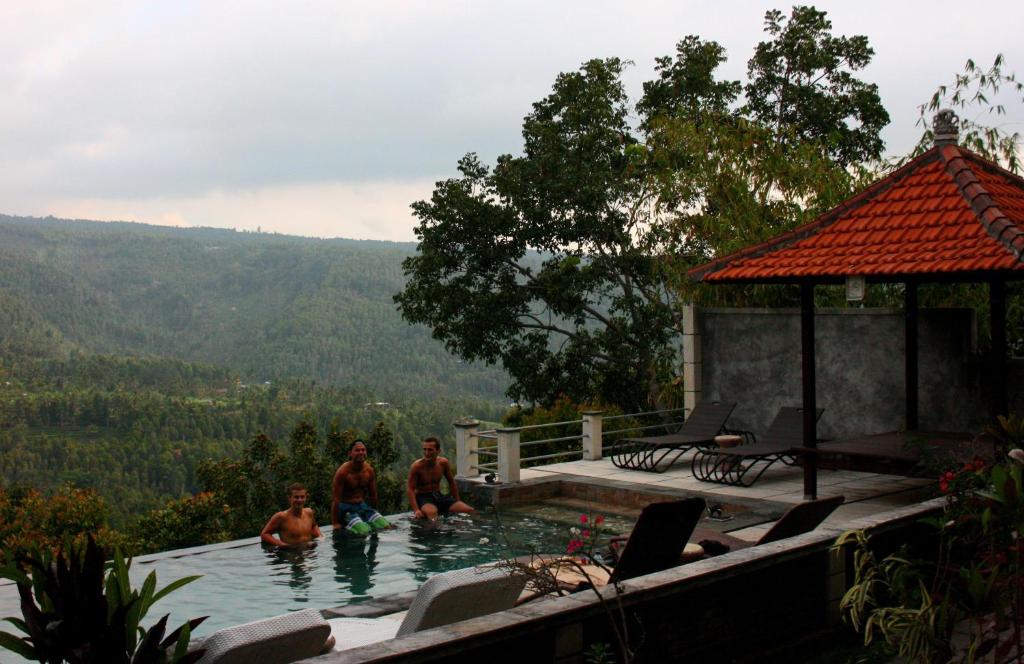 Tres hombres en una piscina con montañas en el fondo en Puri Alam Bali en Munduk