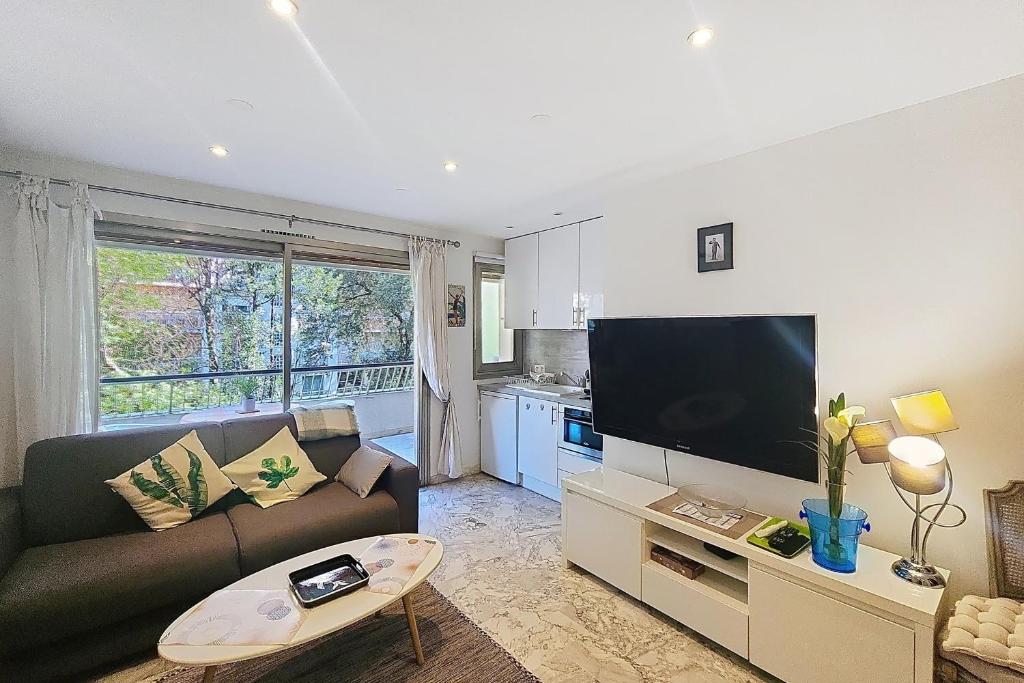 un salon avec un canapé et une télévision à écran plat dans l'établissement AHC - Fleuries2 - Grand Studio terrasse, à Cannes