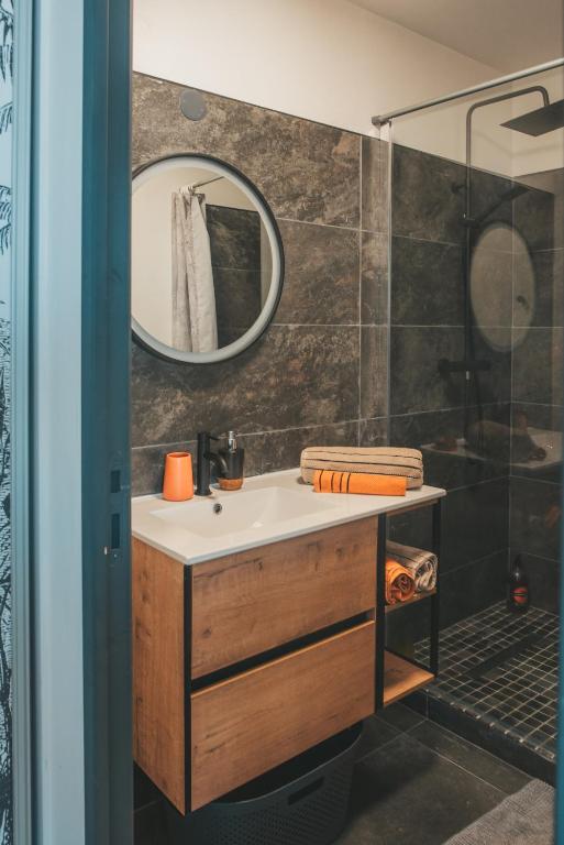 une salle de bain avec un lavabo et un miroir dans l'établissement Le point de vue Studio saint Denis, à Saint-Denis