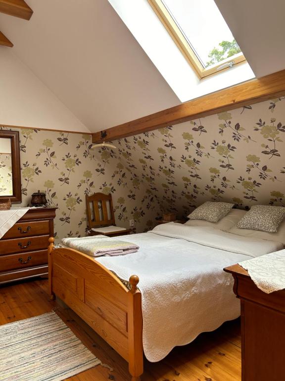 a bedroom with a bed and a skylight at Dworek Szyszki - Kaszuby in Liniewko