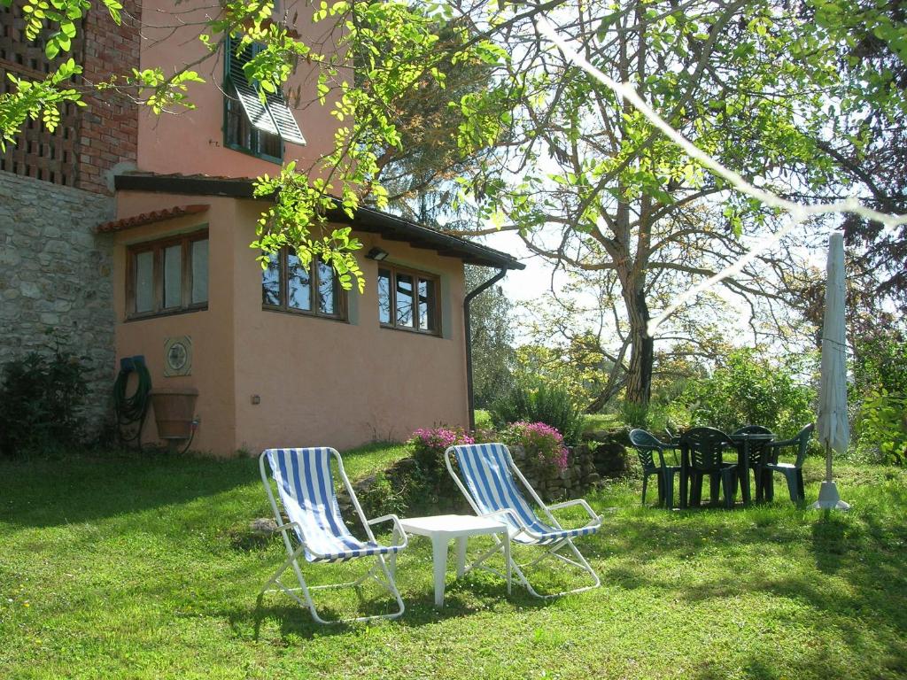 duas cadeiras e uma mesa em frente a uma casa em Poggio Borgoni em Mercatale Val Di Pesa