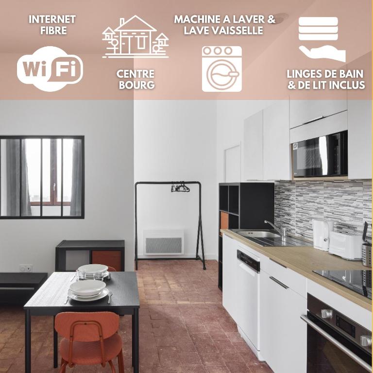 une cuisine avec une table et un comptoir dans l'établissement West Side Story - Wifi ,City center, à Beaupréau