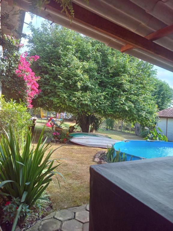 a view of a yard with a swimming pool at Chácara com acesso à represa in Ibiúna