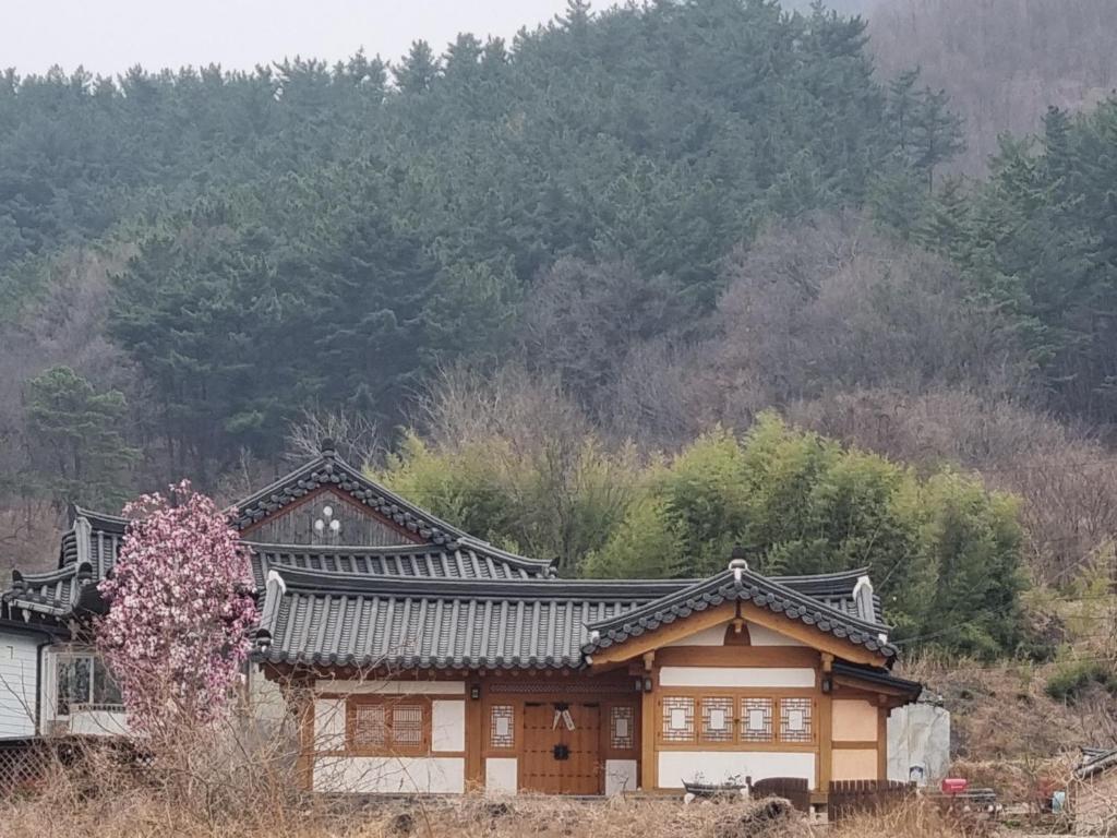 a japanese house in front of a mountain at Seondosan Hanok Stay in Gyeongju