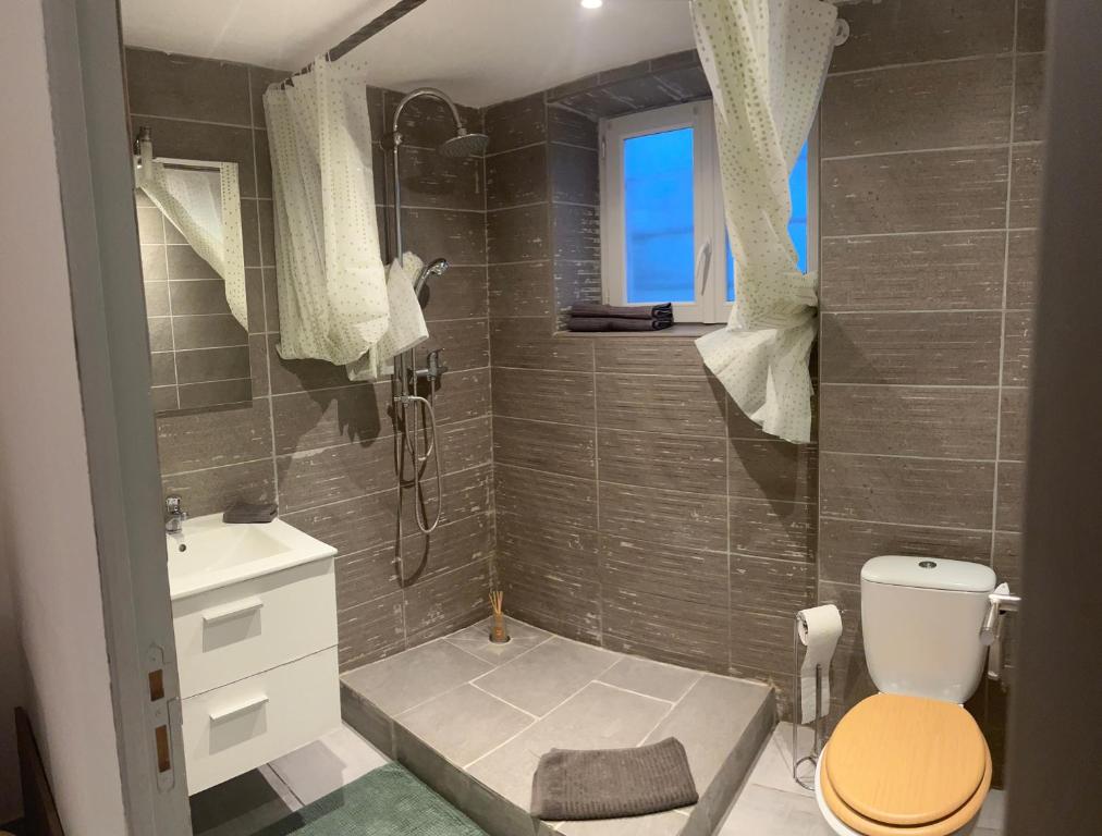 une salle de bain avec une douche, des toilettes et un lavabo dans l'établissement Evasion bohème, à La Celle-sous-Gouzon
