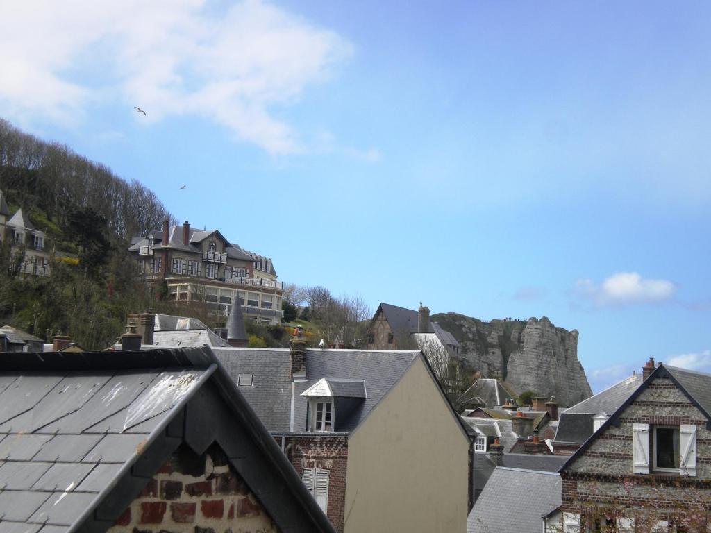 a city with houses and a mountain in the background at Chambre D'hôte Villa Maurice in Étretat