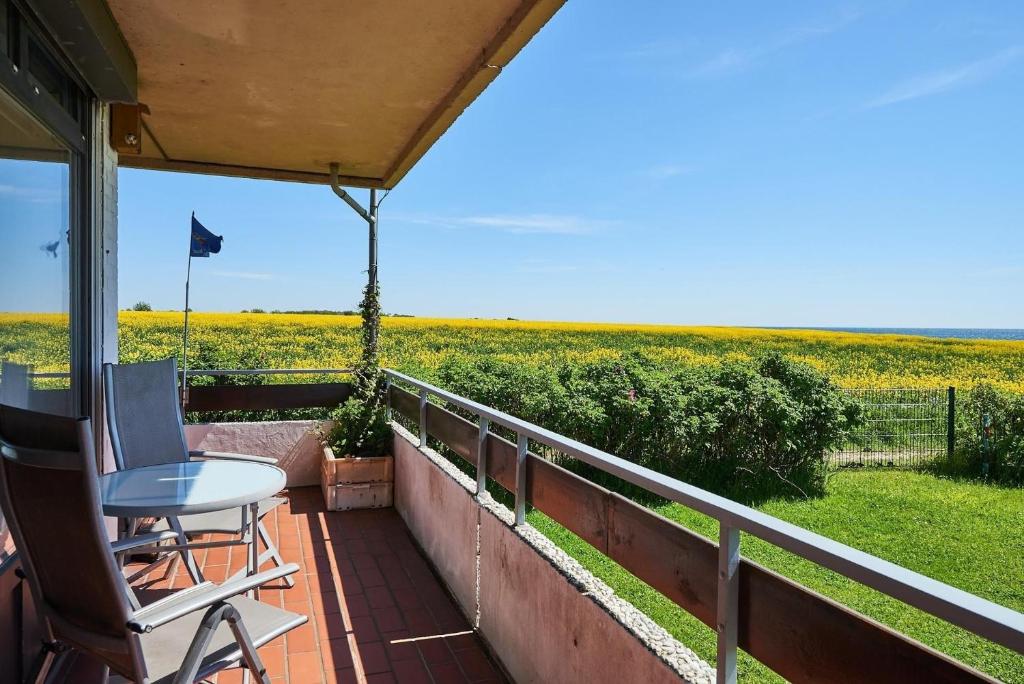 a porch with a table and chairs and a field of flowers at Strandbrise in Fehmarn