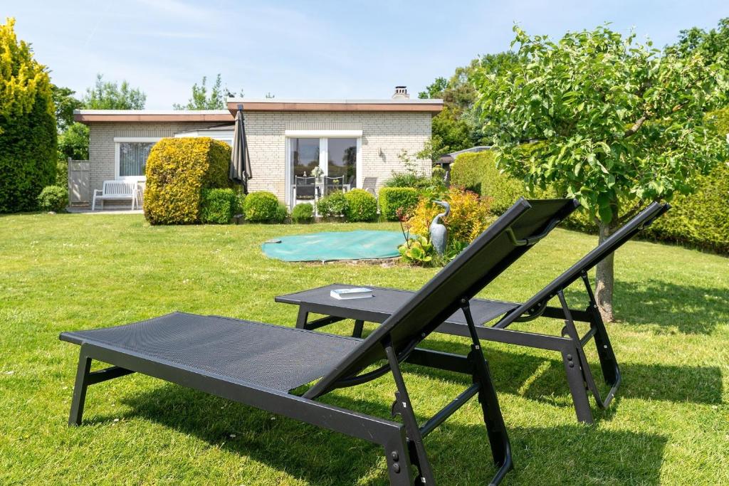 a ping pong table in the grass in a yard at Ferienhaus Schneider- Snieder&#039s Hoeg in Lenste