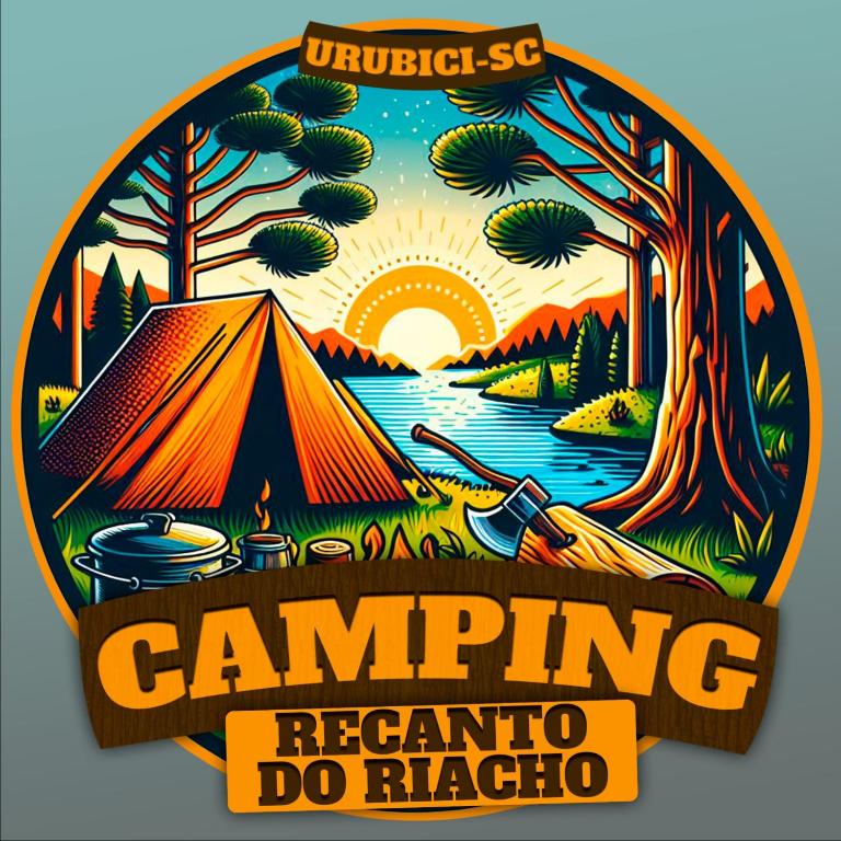 a label with a camping tent and a lake at pousada e camping recanto do riacho in Urubici