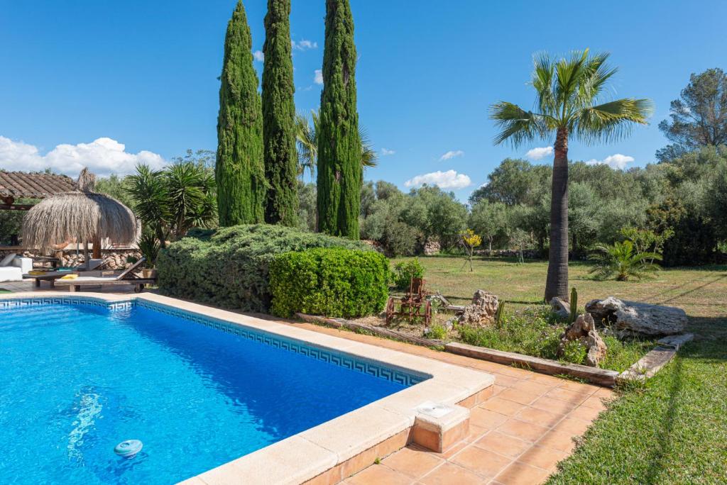 una piscina en un patio con árboles en Cas Mostatxet - Sencelles, en Sencelles