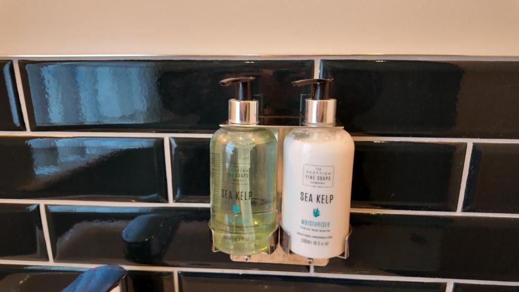 two bottles of soap on a shelf in a bathroom at Downs Hotel in Stanmer