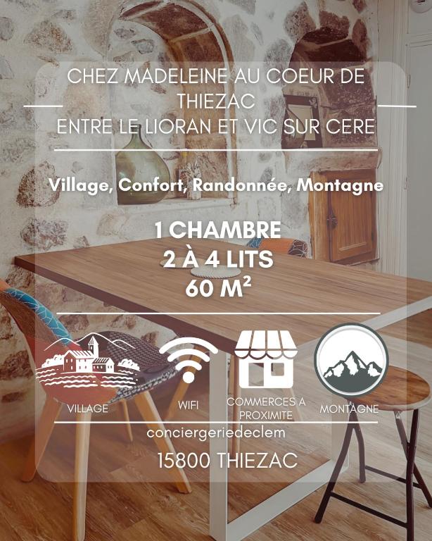 une affiche pour un magasin de meubles avec une table dans l'établissement Chez Madeleine, Entre le Lioran et Vic-sur-Cère, à Thiézac