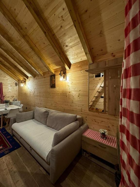a living room with a couch in a wooden room at Etno house in Mojkovac