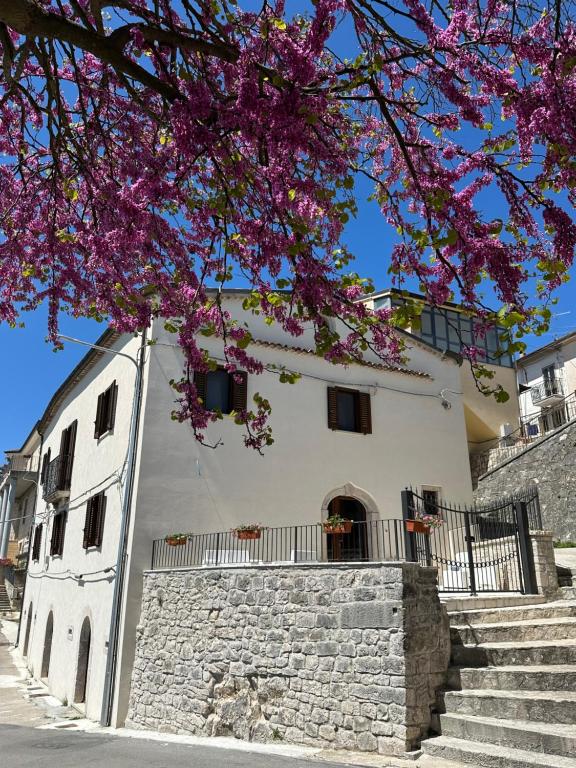 un edificio bianco con un albero con fiori viola di Dimora Nobile a Cercepiccola