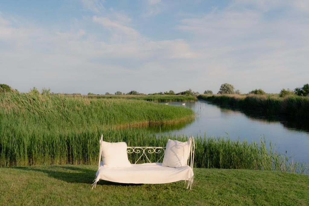 une chaise blanche assise sur l'herbe à côté d'une rivière dans l'établissement La Maison blanche de Camargue, à Saintes-Maries-de-la-Mer
