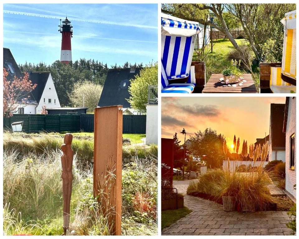 a collage of pictures of a lighthouse and a house at Dünennest Sylt - Traumhafter Garten & Kamin im Herzen von Hörnum in Hörnum