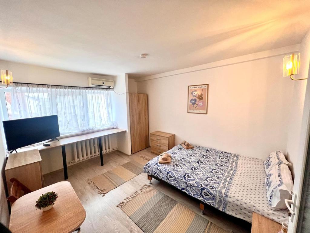 a bedroom with a bed and a desk with a computer at Urban LowCost in Văleni
