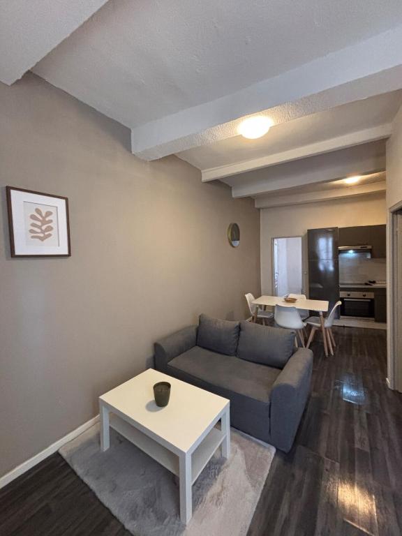un salon avec un canapé et une table dans l'établissement Appartement rénové au cœur du centre historique de Béziers, à Béziers