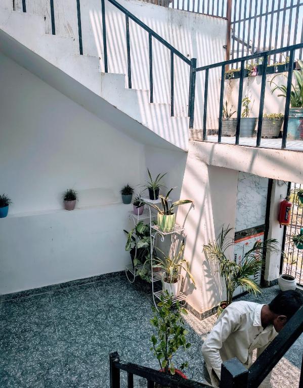 AyodhyaNirvana inn , near ram mandir的坐在长凳上,植物堆积的房间的人