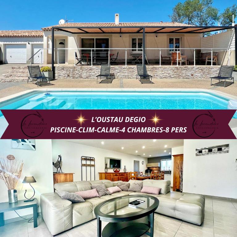 deux photos d'une maison avec piscine dans l'établissement L'Oustau Degio - Villa Provence, Piscine, CLIM, Calme, 4 chambres, 6 lits, 2 salles de bains, 8 personnes, à Istres