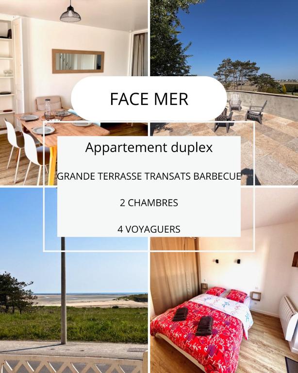 un collage de photos d'une maison avec un lit dans l'établissement Duplex, terrasse, vue mer, 30m plage, à Port-Bail-sur-Mer