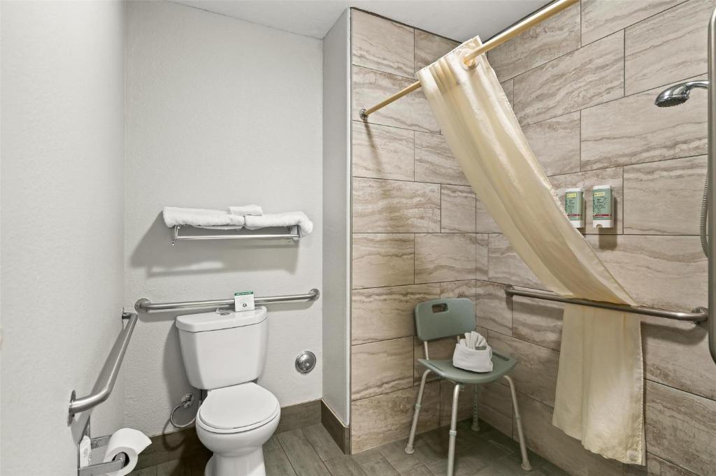 une salle de bain avec toilettes et douche dans l'établissement Best Western Desert Villa Inn, à Barstow