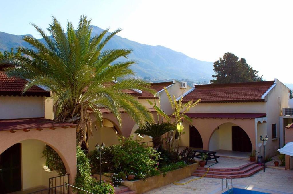 a house with two palm trees in a courtyard at Five Fingers Holiday Bungalows in Kyrenia