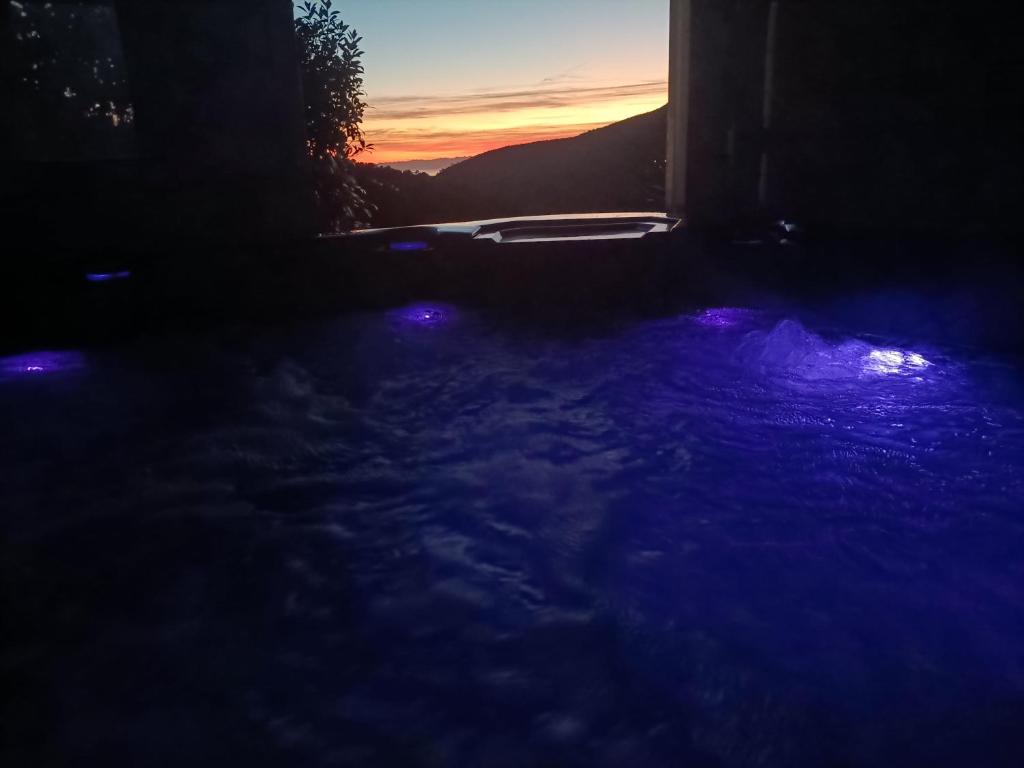 una vista notturna di una vasca idromassaggio con luci viola di Agriturismo Orto dei Rolli a Moneglia