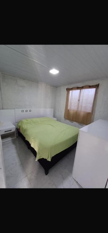 a bedroom with a green bed and a window at Apartment in an excellent location in Colonia del Sacramento