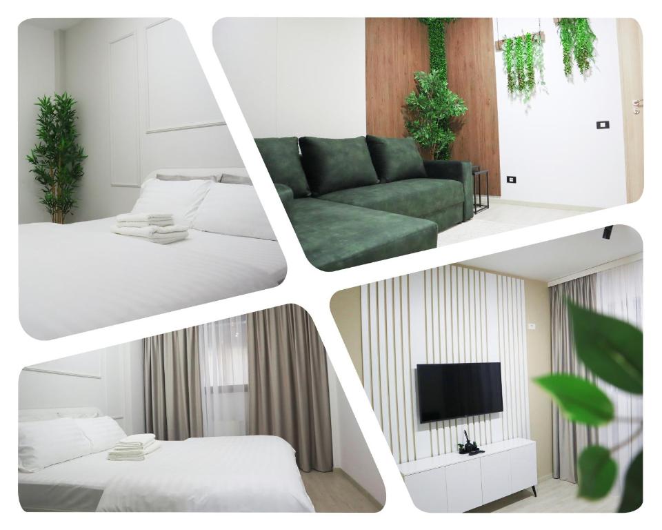 a collage of four pictures of a living room at BROWNIX Apartment - Brown Residence in Popeşti-Leordeni