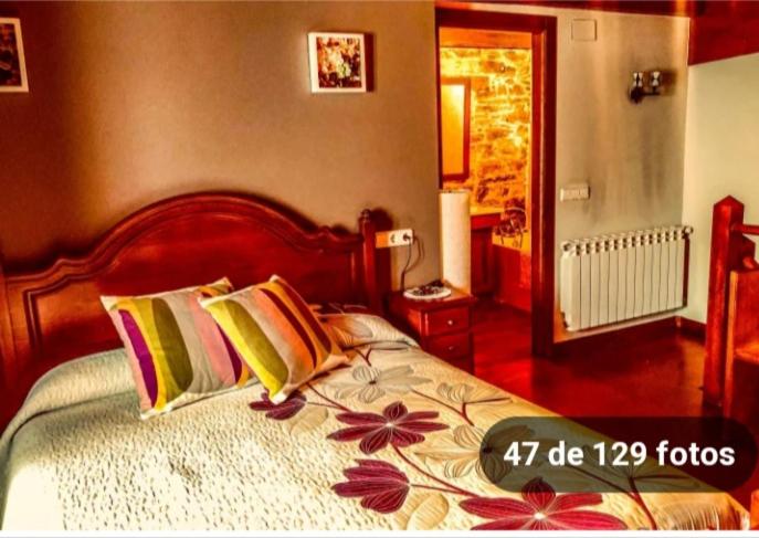 a bedroom with a large bed with colorful pillows at Apartamento La Corrada in Santa Eulalia de Oscos