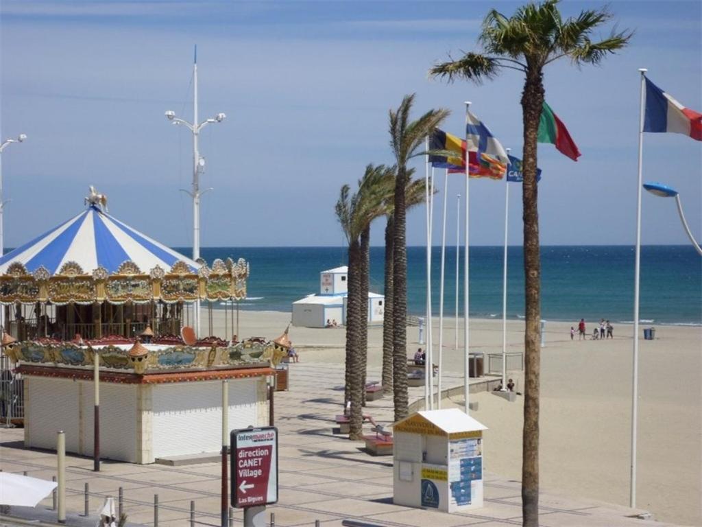 une plage avec un carrousel et des palmiers et l'océan dans l'établissement Studio-Alcôve avec balcon vue mer, 4 pers, centre-ville - FR-1-750-88, à Canet