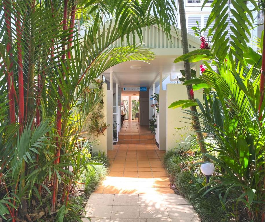 ein Flur in einem Gebäude mit Palmen und einem Gehweg in der Unterkunft Port Douglas Apartments - Adults Only Oasis in Port Douglas