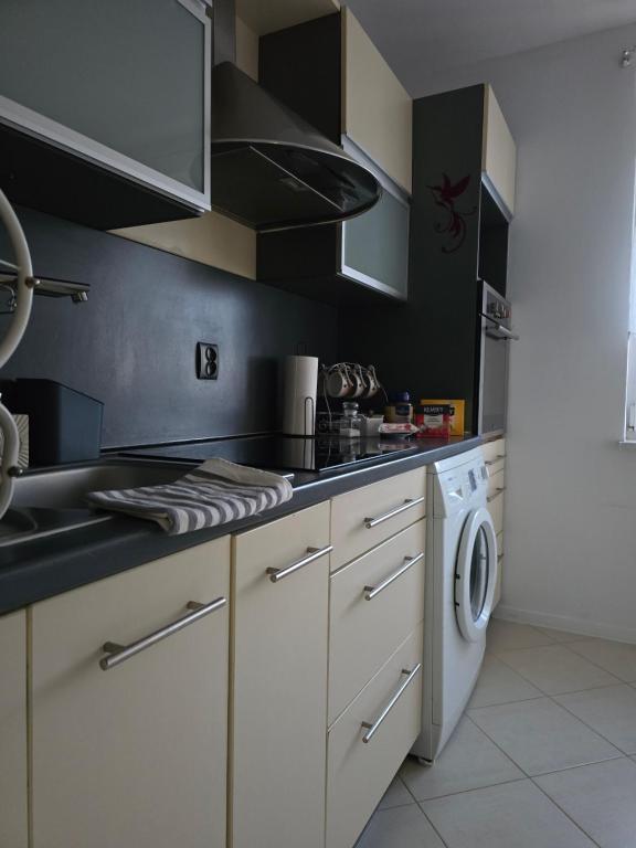 a kitchen with a sink and a washing machine at Apartament Z widokiem na Czos Mrągowo in Mrągowo