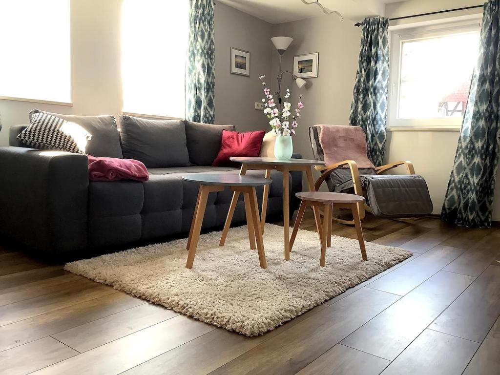 NiederdorlaFerienwohnung in Bodensee Niedersachsen Harz的带沙发和两张桌子的客厅