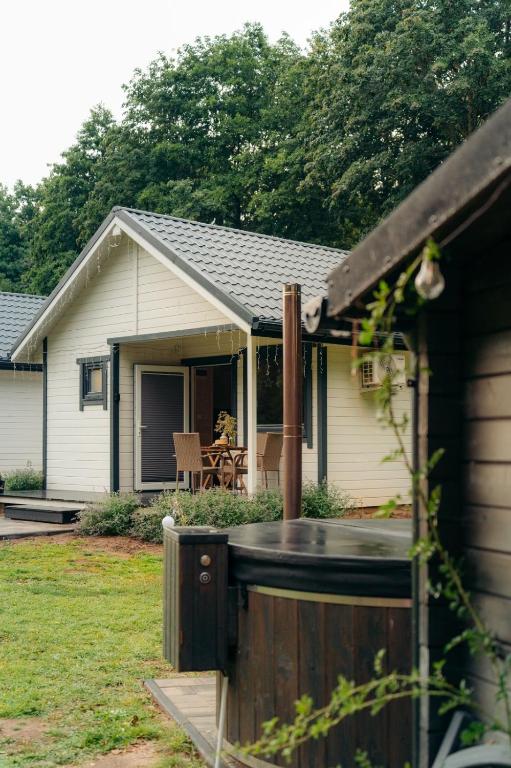 Exterior of cabin with patio and hot tub, surrounded by lush trees.