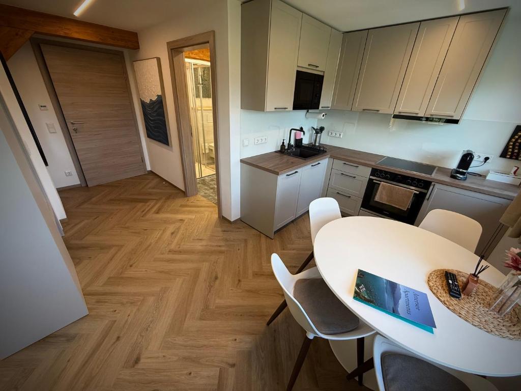 Kuchyň nebo kuchyňský kout v ubytování Attersee Apartments