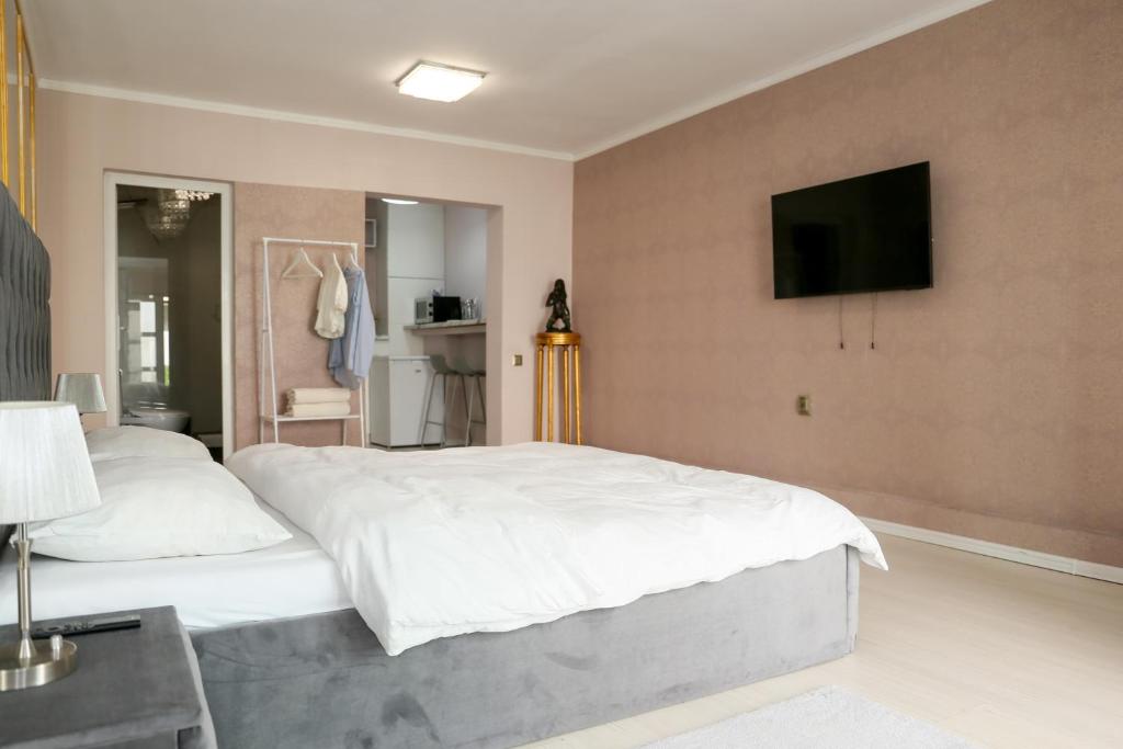 a bedroom with a large bed with a television on the wall at Azur House in Cluj-Napoca