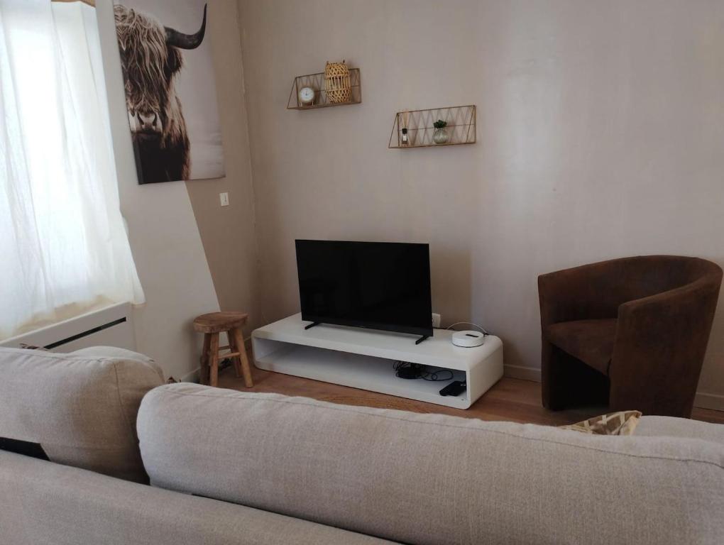 a living room with a couch and a flat screen tv at Petite maison de ville dans un quartier calme in Bourbourg