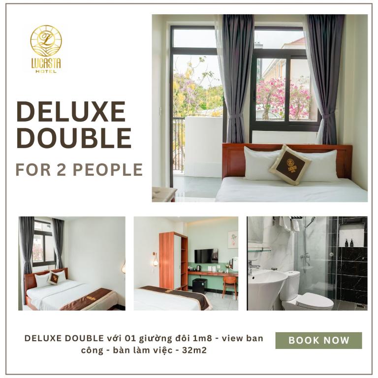 a collage of two pictures of a hotel room at Lucasta Hotel in Can Tho