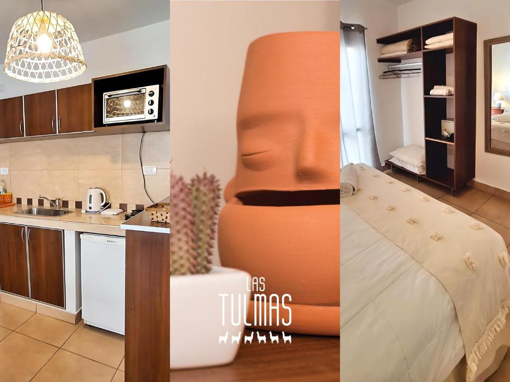 two pictures of a kitchen and a living room at Las Tulmas Apartamentos Salta in Salta