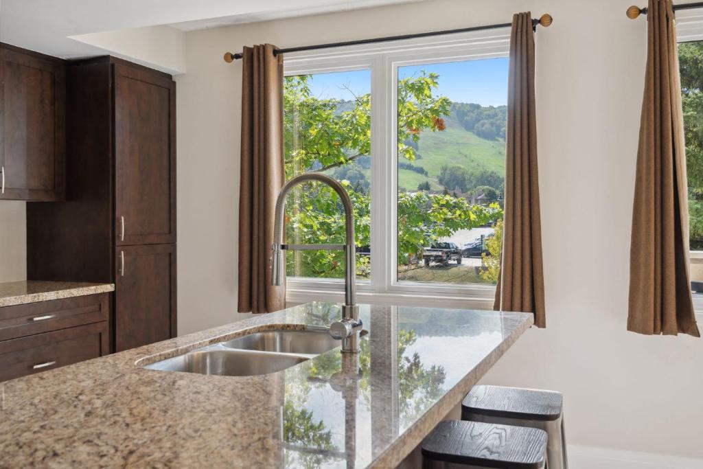une cuisine avec un évier et une grande fenêtre dans l'établissement Wintergreen 2 min Village Sauna, à Blue Mountains