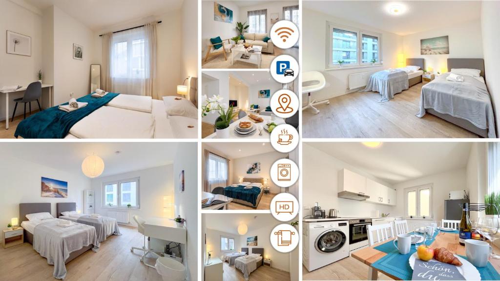Un pat sau paturi într-o cameră la Rosenberg-Suites - Zentral, Stellplatz, große Terrasse, Business & Privat