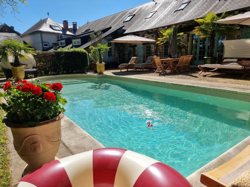 a swimming pool with a person in the water at Maison d'hôtes Les jardins Saint Eloi in Le Lonzac
