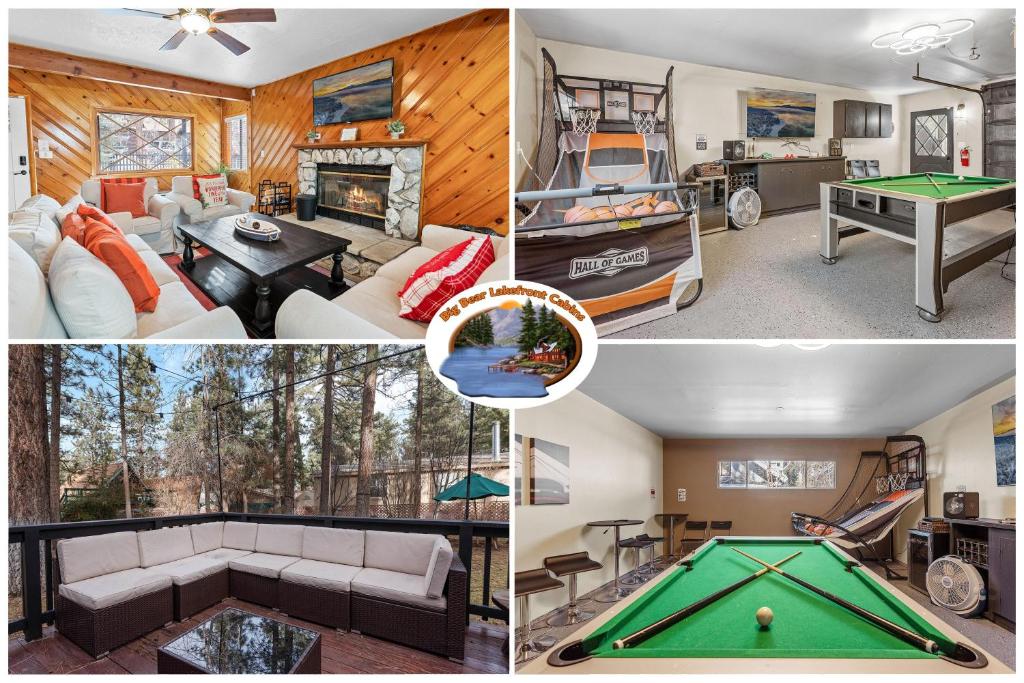 un collage de photos d'une maison avec un billard dans l'établissement Pinecone Escape - Close to Lake and Slopes, à Big Bear City