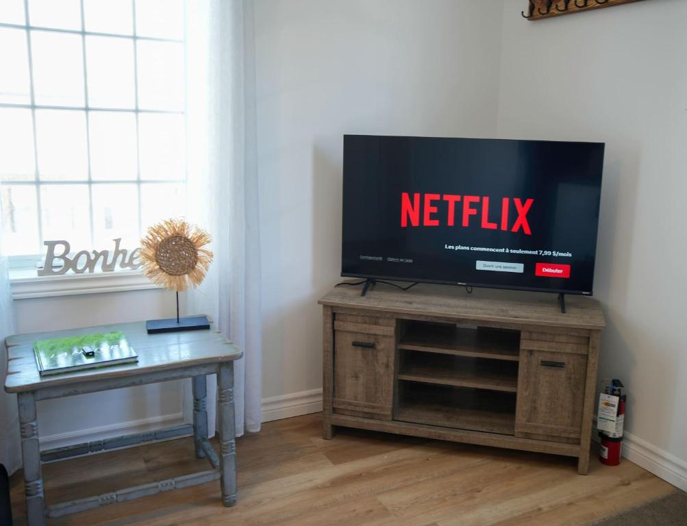 a flat screen tv sitting on top of a wooden stand at L'Oasis de Nancy in Rouyn-Noranda