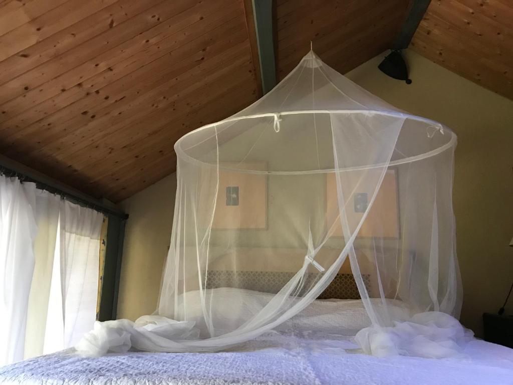 - un lit avec un voile au-dessus dans l'établissement La verrière, à Arles