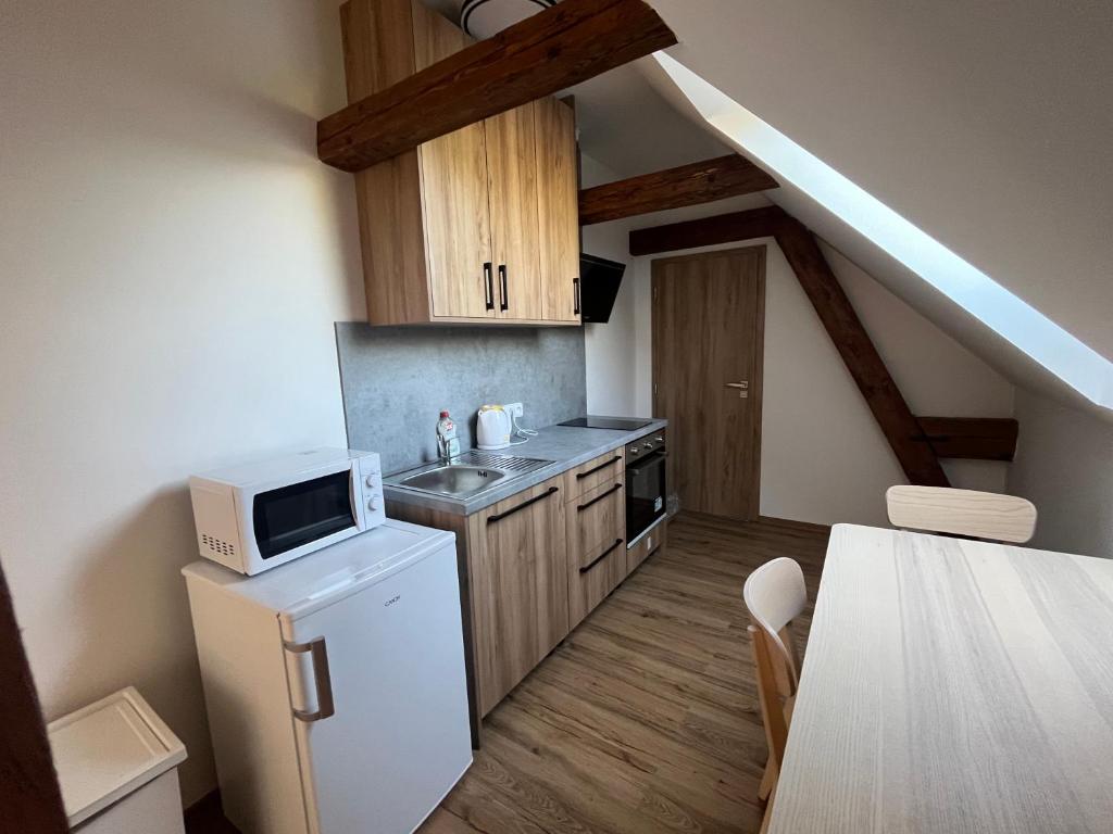 Kuchyň nebo kuchyňský kout v ubytování Apartmány Statek Bezdědice