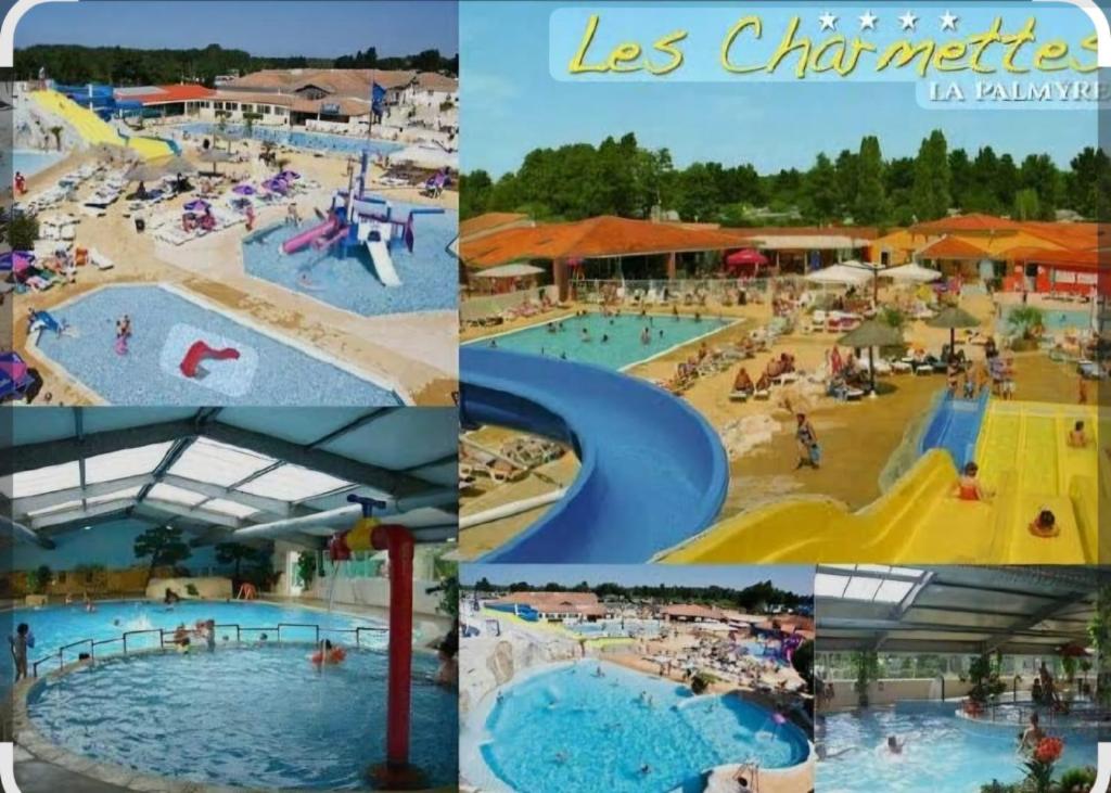 a collage of pictures of a water park at La Palmyre - Les Mathes - Nouveau Mobil home - Camping 4 étoiles "Les Charmettes" in Les Mathes